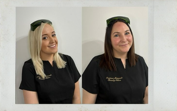 Chloe and Candice, laser-trained therapists at Precious Moments Beauty Clinic, wearing protective laser safety eyewear