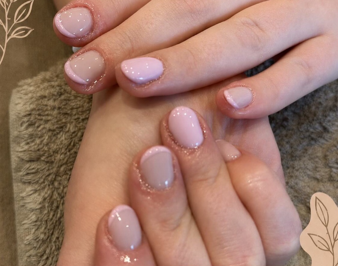Soft pink builder gel manicure with a fine glitter cuticle line, nails at Precious Moments Beauty Clinic, Banstead