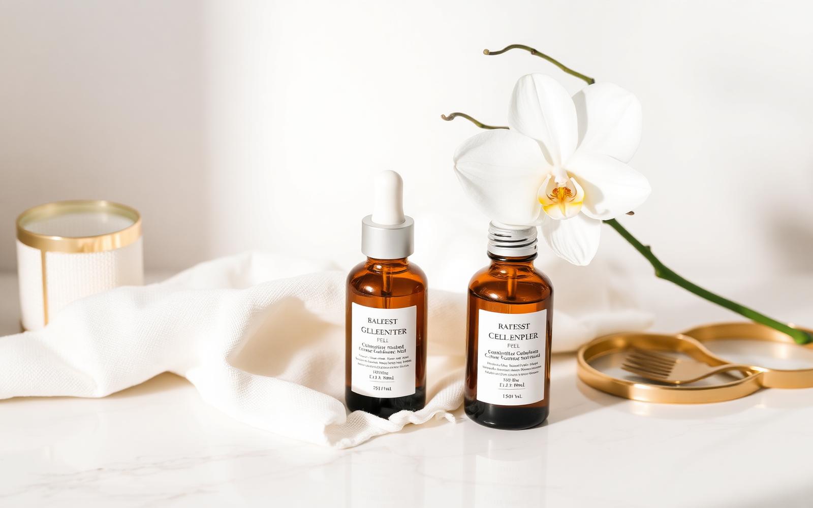 Amber glass dropper bottles of professional peel solution with gauze and a white orchid on marble, chemical peels in Banstead