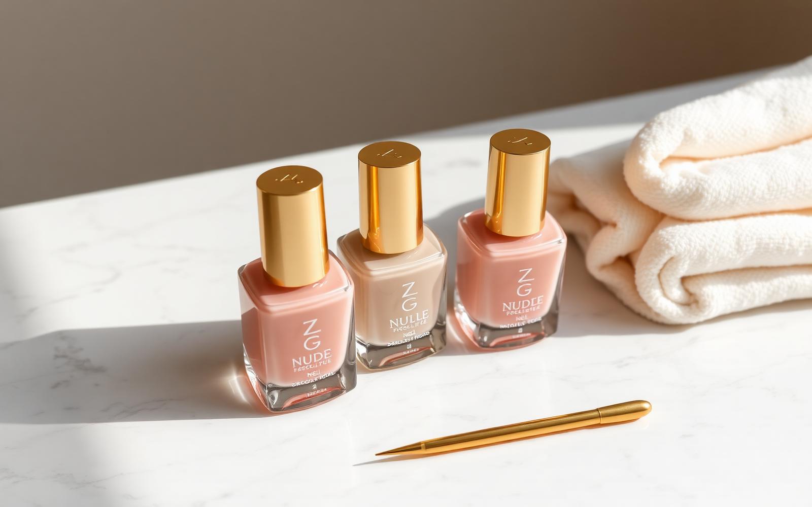 Nude and blush gel polish bottles with gold caps and manicure tools on white marble, nail treatments at Precious Moments Beauty Clinic, Banstead