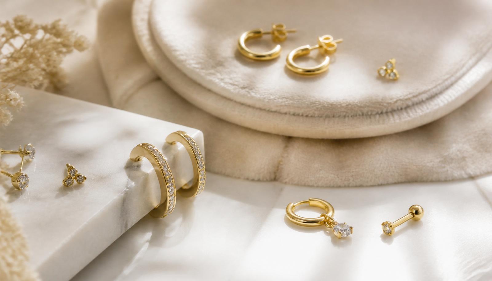 Gold hoop earrings and delicate cartilage studs on cream velvet and marble, Precious Moments Beauty Clinic, Banstead