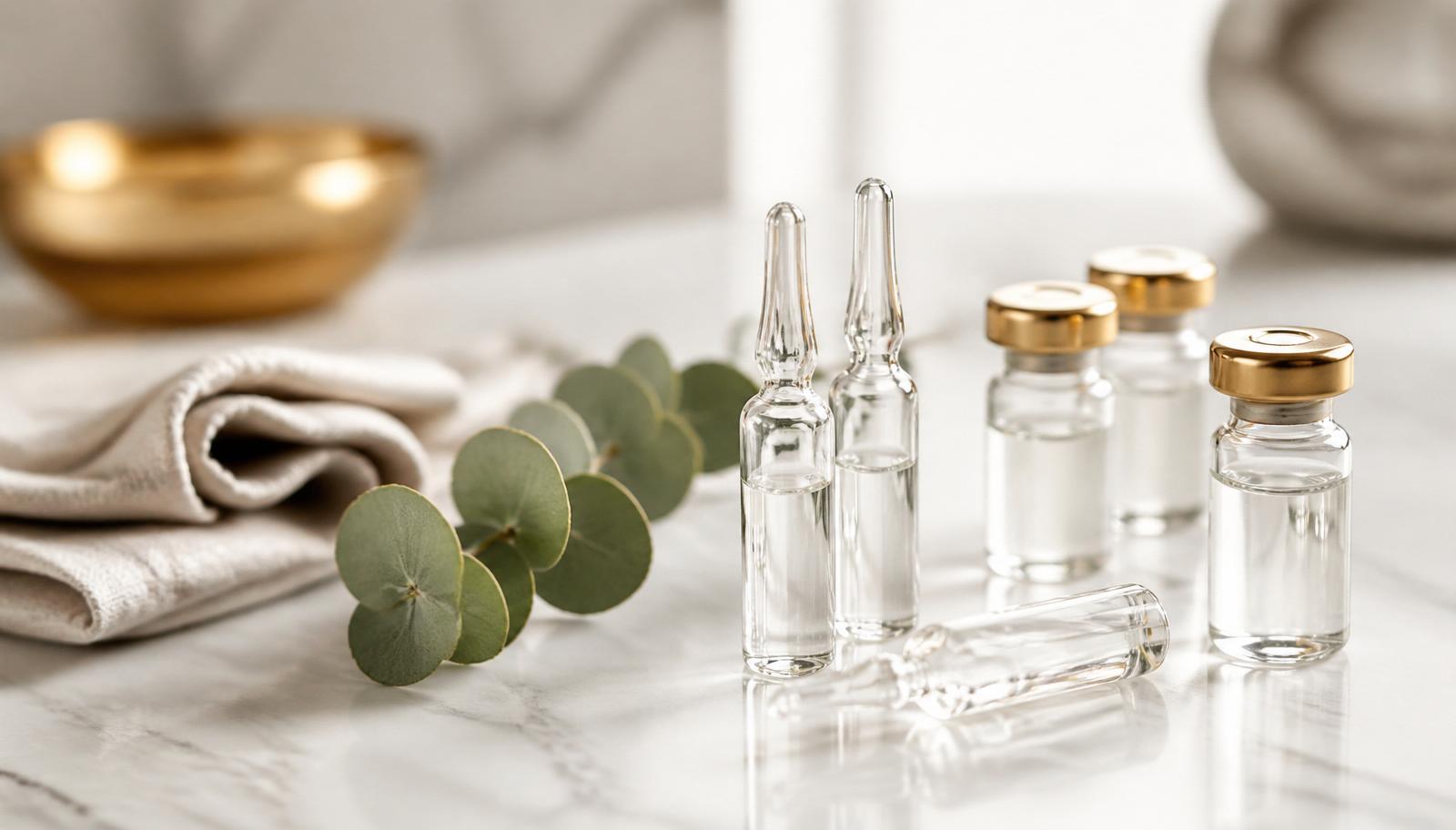 Glass ampoules and vials of hyaluronic-acid skin booster serum on white marble, Precious Moments Beauty Clinic, Banstead