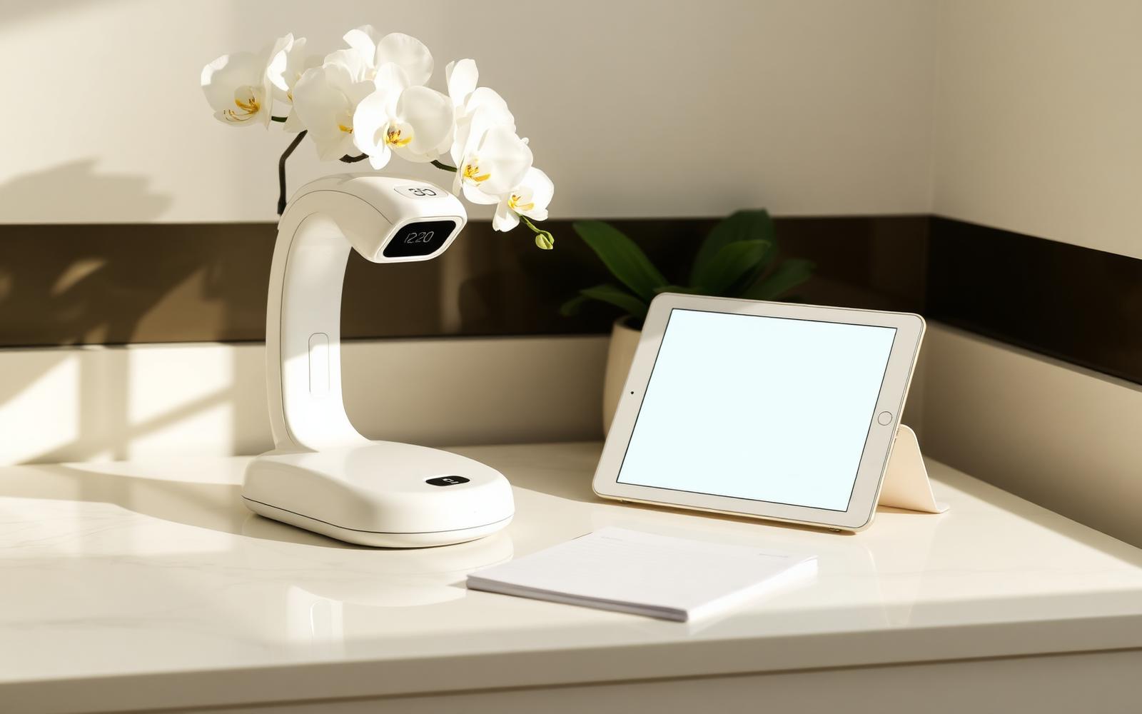 Skin scanner device and tablet on a cream consultation desk with a white orchid, skin analysis at Precious Moments Beauty Clinic, Banstead